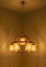 Wooden chandelier with 7 upward lights and circular ring design – Checkmark 230-7r-lights-on