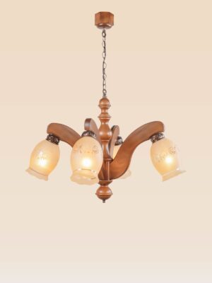 Wooden chandelier with 4 lights and decorative frosted bell glass – Checkmark 233-4-side-view