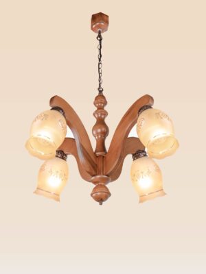 Wooden chandelier with 4 lights and decorative frosted bell glass – Checkmark 233-4