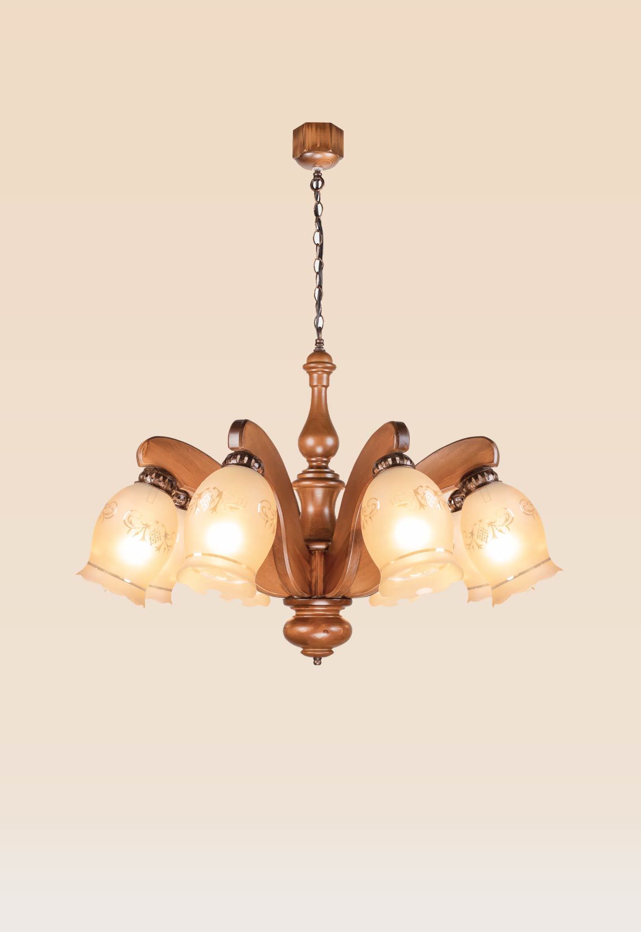 wooden-chandelier-warm-light-dubai-checkmark-233-8- Large wooden chandelier with 8 bell glass lamps and classic floral design – Checkmark 233-8-side-view