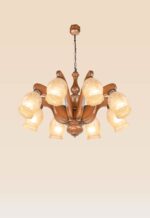 Large wooden chandelier with 8 bell glass lamps and classic floral design – Checkmark 233-8