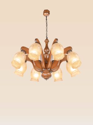 Large wooden chandelier with 8 bell glass lamps and classic floral design – Checkmark 233-8