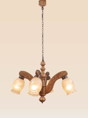 Traditional wooden chandelier 234-4 with carved arms and frosted floral glass shades, vintage rustic chandelier by DARKAR Lighting Industries.