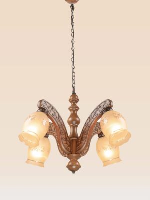 4-light vintage chandelier with engraved wood and frosted bell shades – Checkmark 234-4