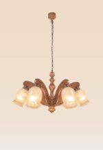 Elegant wooden chandelier 234-6 with six carved arms and frosted floral bell shades, traditional rustic chandelier by DARKAR Lighting Industries.