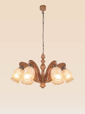 Elegant wooden chandelier 234-6 with six carved arms and frosted floral bell shades, traditional rustic chandelier by DARKAR Lighting Industries.