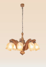 8-light wooden chandelier with engraved arms and floral frosted glass – Checkmark 234-8-side-view
