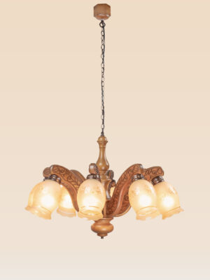 8-light wooden chandelier with engraved arms and floral frosted glass – Checkmark 234-8-side-view