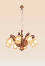 8-light wooden chandelier with engraved arms and floral frosted glass – Checkmark 234-8