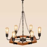 Rustic 6-light hexagonal wooden chandelier with black iron arms – Checkmark 236-6-side-view