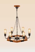 Rustic 6-light hexagonal wooden chandelier with black iron arms – Checkmark 236-6-side-view
