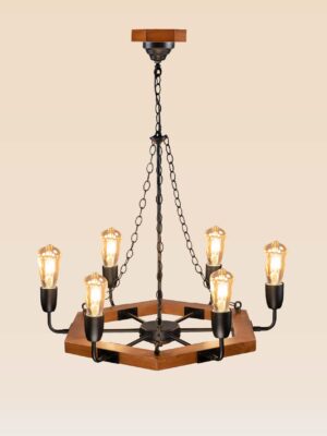 Rustic 6-light hexagonal wooden chandelier with black iron arms – Checkmark 236-6-side-view