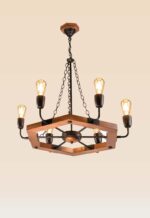 Rustic 6-light hexagonal wooden chandelier with black iron arms – Checkmark 236-6
