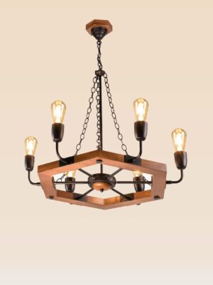 Rustic 6-light hexagonal wooden chandelier with black iron arms – Checkmark 236-6