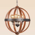 Wooden chandelier 237-6 with globe-shaped wooden arcs, black iron band, and six exposed bulbs by DARKAR Lighting Industries