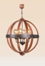 Wooden chandelier 237-6 with globe-shaped wooden arcs, black iron band, and six exposed bulbs by DARKAR Lighting Industries