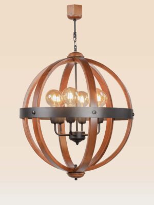 Wooden chandelier 237-6 with globe-shaped wooden arcs, black iron band, and six exposed bulbs by DARKAR Lighting Industries