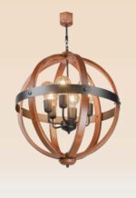 6-light modern rustic chandelier with wooden orb frame and black iron band – Checkmark 237-6