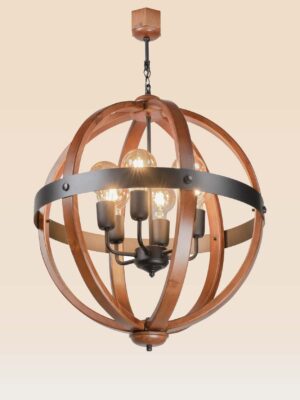 6-light modern rustic chandelier with wooden orb frame and black iron band – Checkmark 237-6