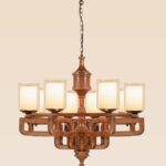 Large 8-light wooden chandelier with geometric frame and frosted glass – Checkmark 238-8-side-view