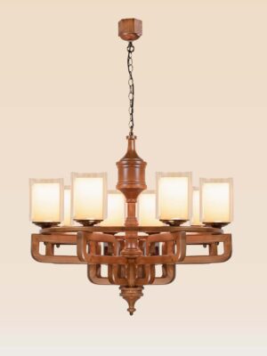 Large 8-light wooden chandelier with geometric frame and frosted glass – Checkmark 238-8-side-view