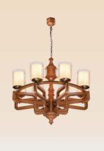 Large 8-light wooden chandelier with geometric frame and frosted glass – Checkmark 238-8