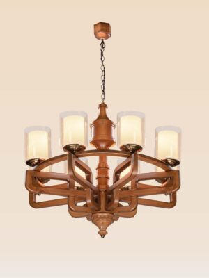 Large 8-light wooden chandelier with geometric frame and frosted glass – Checkmark 238-8