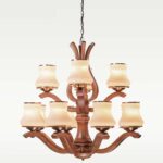 Wooden chandelier 239-12 with twelve curved wooden arms in two tiers, frosted glass shades, and brass accents by DARKAR Lighting Industries