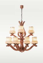 Wooden chandelier 239-12 with twelve curved wooden arms in two tiers, frosted glass shades, and brass accents by DARKAR Lighting Industries