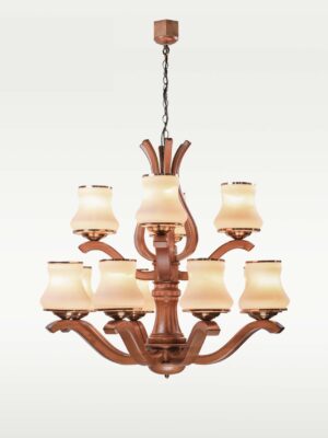 Wooden chandelier 239-12 with twelve curved wooden arms in two tiers, frosted glass shades, and brass accents by DARKAR Lighting Industries