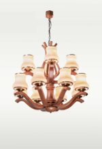 Two-tiered 12-light chandelier with curved wood arms and frosted glass – Checkmark 239-12