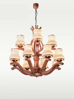 Two-tiered 12-light chandelier with curved wood arms and frosted glass – Checkmark 239-12
