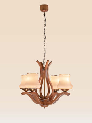 Curved wooden chandelier with 4 frosted glass lights – Checkmark 239-4-fromt-view