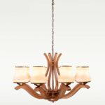 Wooden chandelier 239-8 with eight curved wooden arms, frosted glass shades, and brass accents by DARKAR Lighting Industries