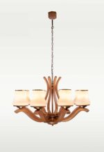 Wooden chandelier 239-8 with eight curved wooden arms, frosted glass shades, and brass accents by DARKAR Lighting Industries