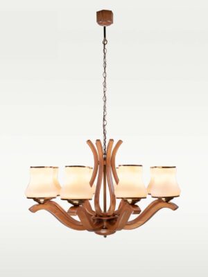 Wooden chandelier 239-8 with eight curved wooden arms, frosted glass shades, and brass accents by DARKAR Lighting Industries