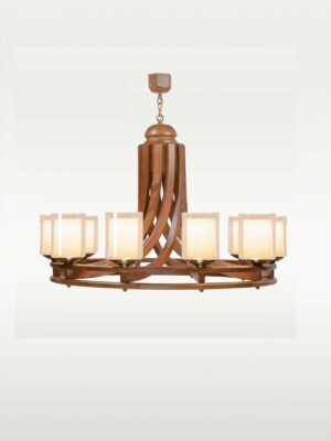 Elegant 10-light chandelier with wooden frame and frosted glass – Checkmark 240-10-side-view