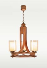 Three-light chandelier with wooden circular frame and clear glass – Checkmark 240-3-front-view