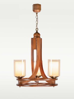 Three-light chandelier with wooden circular frame and clear glass – Checkmark 240-3-front-view