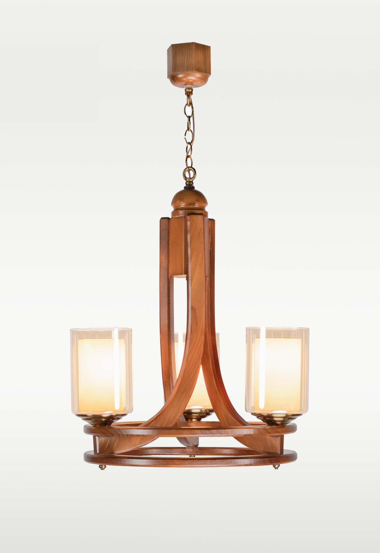 wooden-chandelier-warm-light-dubai-checkmark-240-3- Three-light chandelier with wooden circular frame and clear glass – Checkmark 240-3-front-view