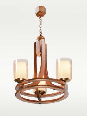 Three-light chandelier with wooden circular frame and clear glass – Checkmark 240-3