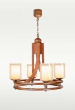 Modern 4-light chandelier with wooden circular frame and frosted glass – Checkmark 240-4-side-view