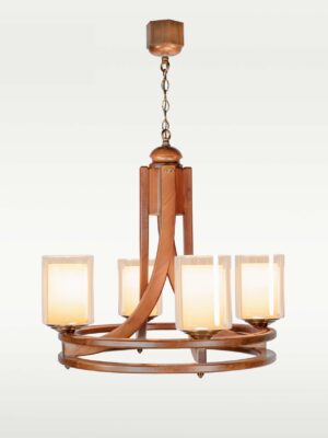 Modern 4-light chandelier with wooden circular frame and frosted glass – Checkmark 240-4-side-view