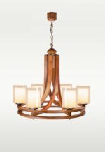 Modern 6-light wooden chandelier with frosted glass and circular frame – Checkmark 240-6-side-view