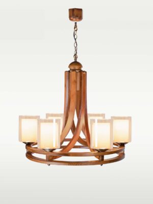 Modern 6-light wooden chandelier with frosted glass and circular frame – Checkmark 240-6-side-view