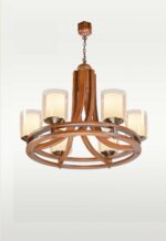 Modern 6-light wooden chandelier with frosted glass and circular frame – Checkmark 240-6