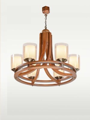 Modern 6-light wooden chandelier with frosted glass and circular frame – Checkmark 240-6