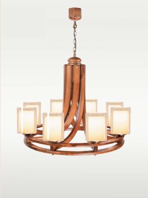 Modern 8-light wooden chandelier with frosted glass shades – Checkmark 240-8-front-view