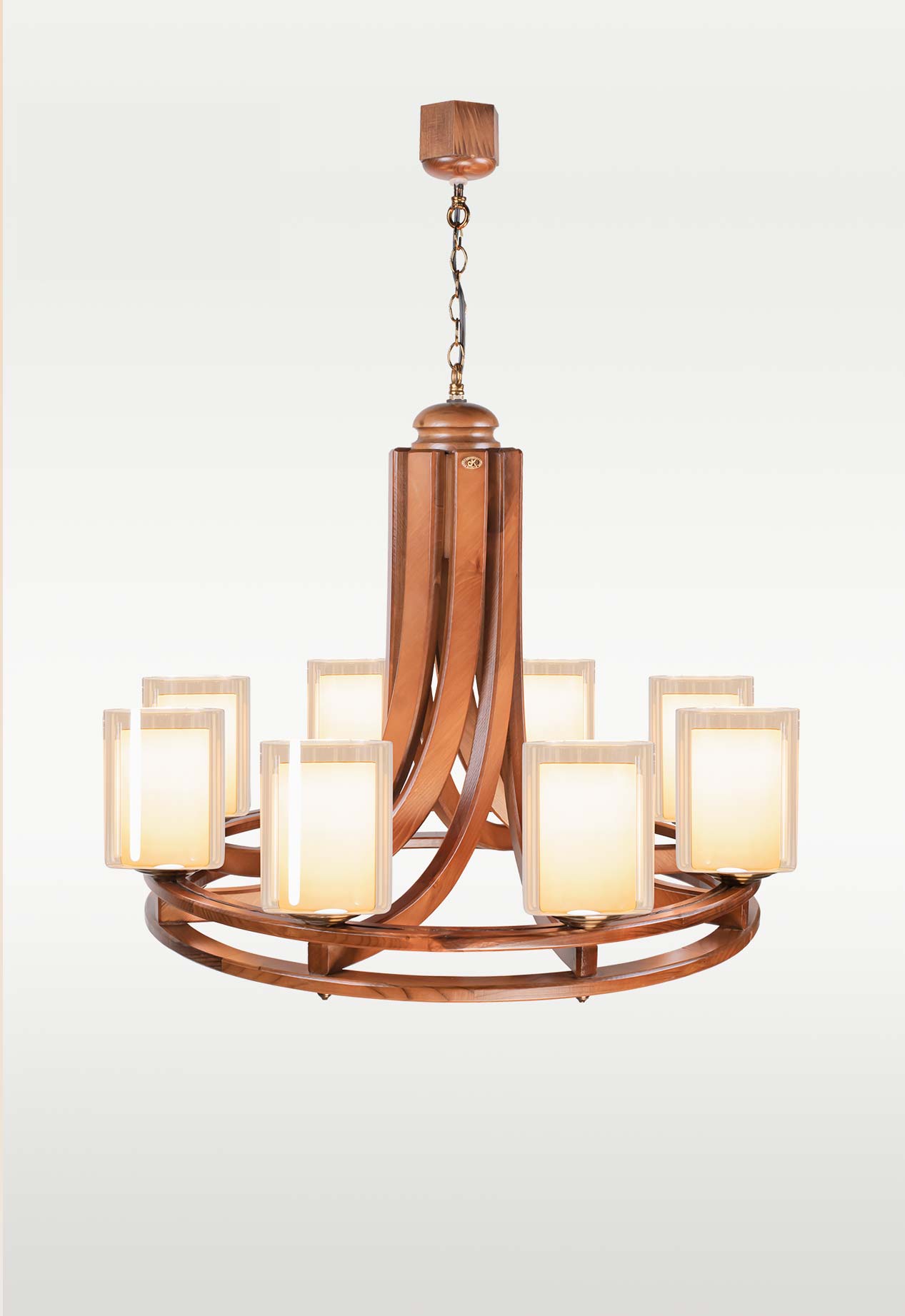 wooden-chandelier-warm-light-dubai-checkmark-240-8- Modern 8-light wooden chandelier with frosted glass shades – Checkmark 240-8-front-view