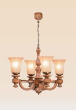 Traditional wooden chandelier with 4 floral frosted glass lights – Checkmark 241A-4-side-view
